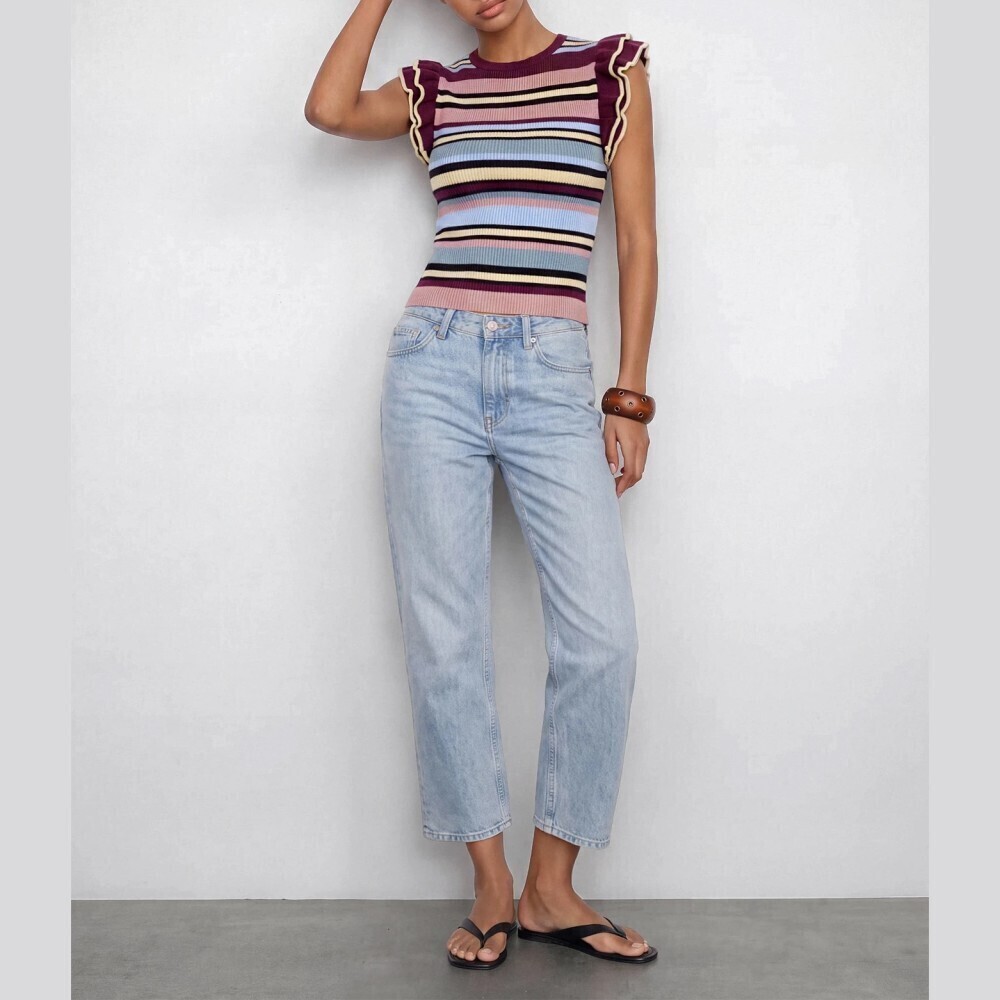 Multicolor Striped Ribbed Knit Ruffle Sleeve Top - Picture 4 of 9